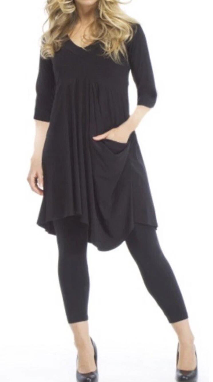 Sympli Liquid Knit Asymmetric Drape Pocket Black Lagenlook Tunic Dress No Tag 12